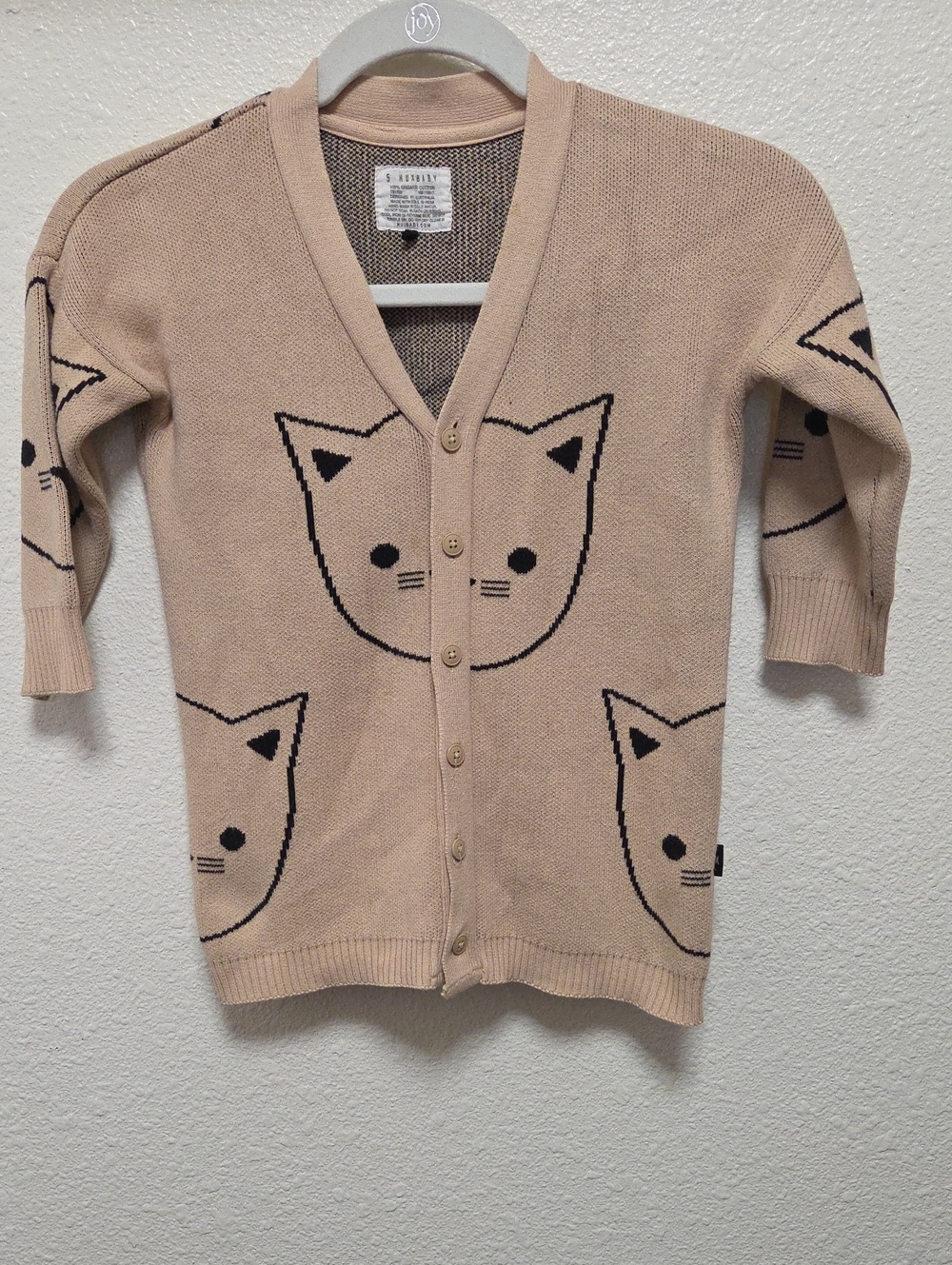 Huxbaby Beige Cat Intarsia Button-Front Cardigan